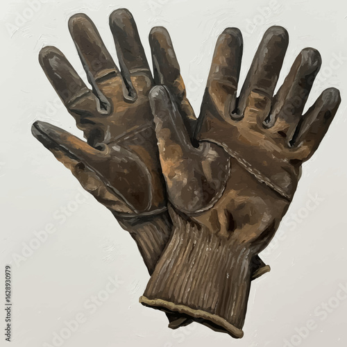 Pair of Brown Leather Work Gloves with Detailed Stitching and Texture