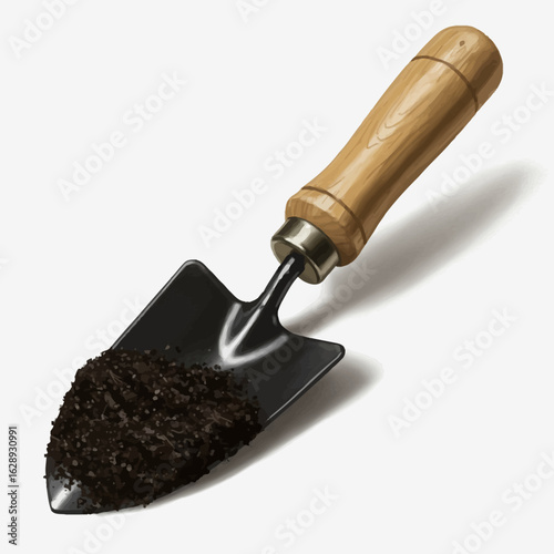 Black Gardening Trowel with Brown Wooden Handle and Soil