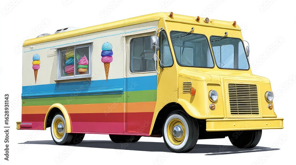 Vibrant rainbow ice cream truck with colorful cones and retro design Vibrant rainbow ice cream truck with colorful cones and retro design