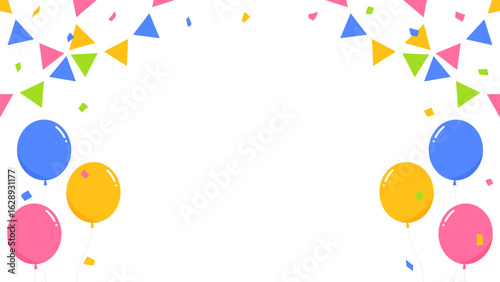 ガーランド、旗、紙吹雪、風船のデコレーションフレーム