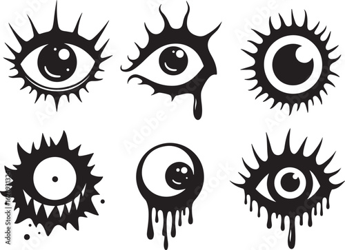 Spooky dripping eyes and monster icons set for Halloween or occult themes