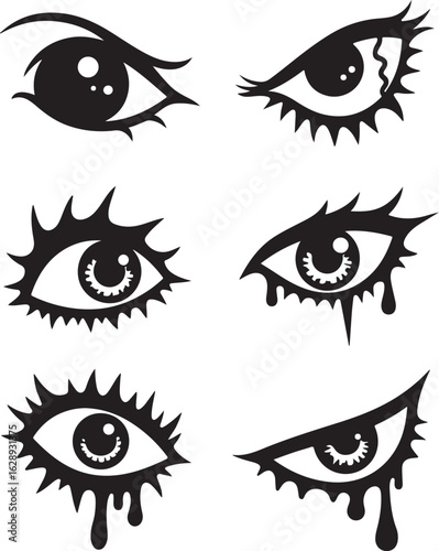 Expressive eyes with bold lashes and dripping effects convey emotion and style