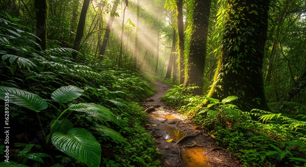 Fototapeta premium Sunlight streams through a lush, verdant rainforest path, highlighting the dense foliage and damp ground.