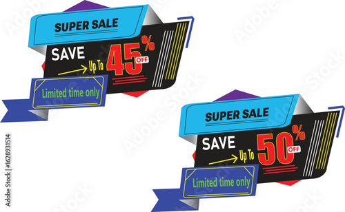 Super sale blue ribbon style vector label with save up to 50 percent text for online marketing