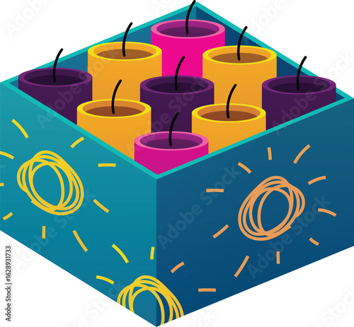 Blue box with pink, purple and yellow firecrackers with fuses, pyrotechnic equipment.