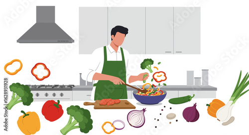 Man in Green Apron Cooking Vegetables in a Modern Kitchen Setting