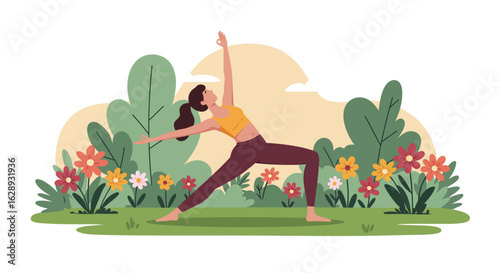 Woman in Warrior II Pose, Yellow Top, Burgundy Leggings, Yoga Outdoors