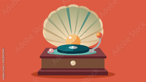 A record player with a shellshaped body and a pearl finish displayed on a pedestal made from coral part of a collection highlighting ecofriendly Vector illustration