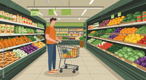Man with Shopping Cart in Grocery Store Aisle, Orange Shirt, Blue Jeans