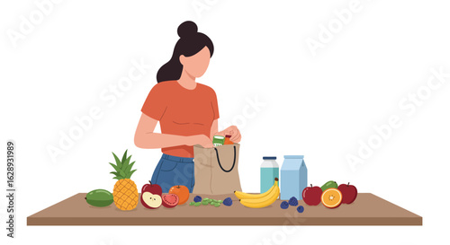 Woman unpacking groceries from a brown paper bag on a wooden table.