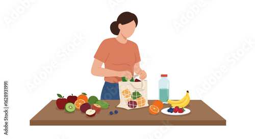 Woman Unpacking Groceries from Reusable Bag with Fresh Fruits and Vegetables
