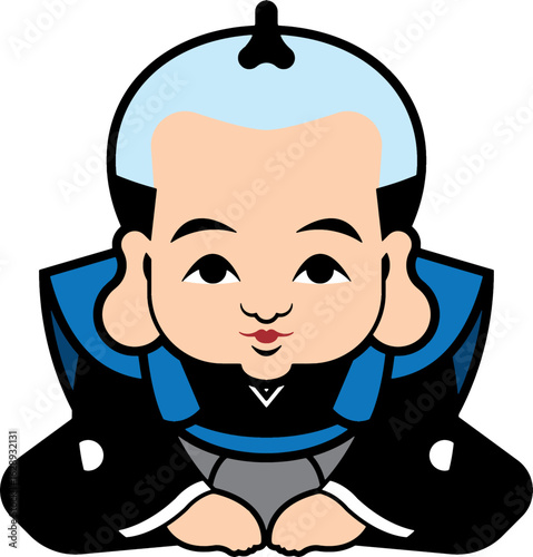 裃を着用し正座している福助人形のイラスト