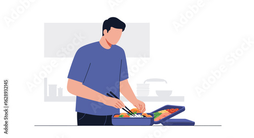 Man Preparing Bento Box with Chopsticks, Healthy Meal Prep