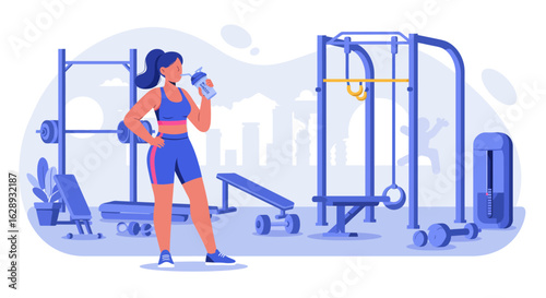 Woman in Gym Outfit Drinking from Water Bottle with Straw