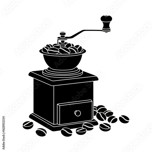 Silhouette of a vintage coffee grinder filled with roasted beans, ready for grinding.