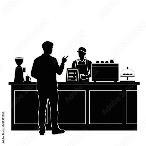 Silhouette illustration of a customer ordering a drink from a barista at a coffee shop counter.