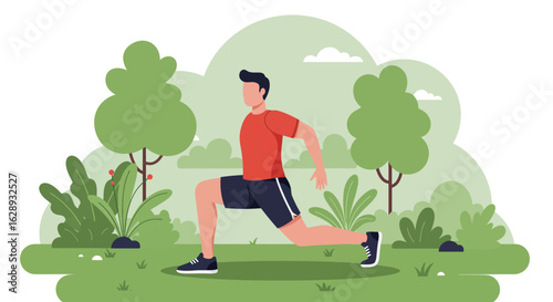 Man in Red Shirt Doing Lunges in Park, Vector Illustration