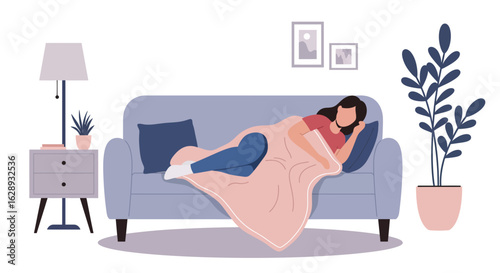 Woman Relaxing on Couch, Covered with Blanket, Resting Comfortably, Vector Illustration.