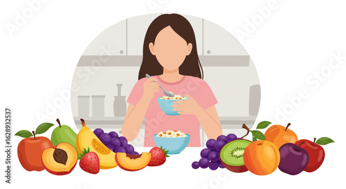 Faceless Woman Eating Cereal with Spoon in Blue Bowl, Healthy Breakfast
