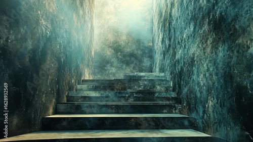 Mysterious staircase leading upwards with ethereal lighting and textured walls, evoking curiosity