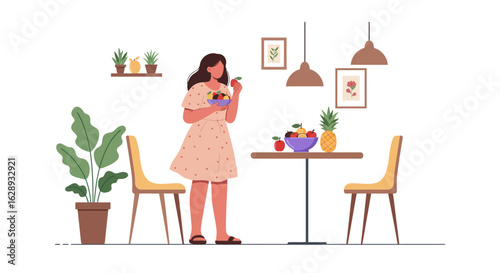 Woman in Polka Dot Dress Enjoying a Fruit Salad, Holding a Single Apple