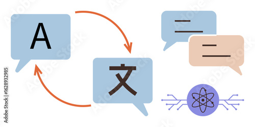 Speech bubbles with language exchange arrows, circuit lines, and AI icon. Ideal for communication, global connection, technology, AI integration, machine learning, education simple flat metaphor