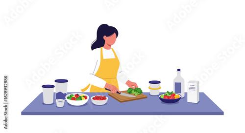 Woman in Yellow Apron Chopping Broccoli on Wooden Board