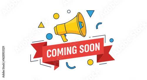 Coming soon announcement with megaphone, ribbon, and banner isolated on white background for business promotion, advertising, marketing, and new product launch