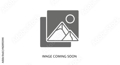 Image coming soon placeholder vector graphic with mountain and sun for website design and development use
