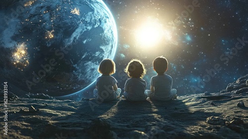 Three children sit on a lunar surface, gazing at Earth and the sun.