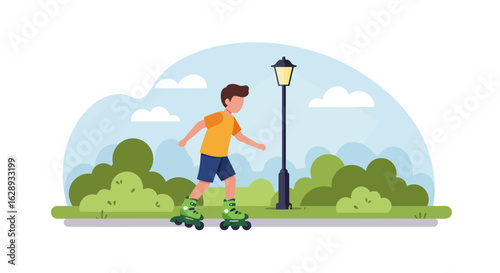 Boy Rollerblading in Park, Green Inline Skates, Casual Summer Outfit