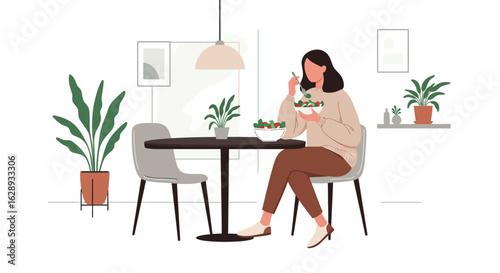Woman Eating Salad at Table with Brown Pants and Beige Sweater