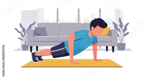 Man Doing Push-ups at Home, Active Lifestyle Illustration