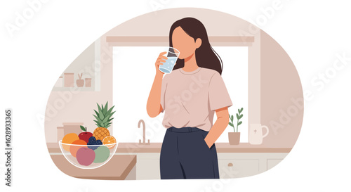 Woman Drinking Water from Glass, Healthy Lifestyle, Kitchen Illustration.