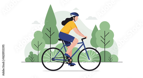 Woman Cycling with Helmet, Yellow Shirt, and Blue Bike in Park