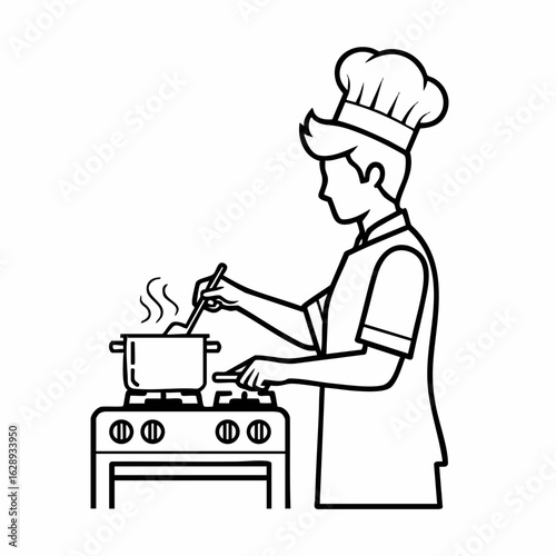 Chef Cooking in Kitchen with Pot on Stove for Culinary Blogs, Cooking Websites, Recipe Cards, Food Education, and Kitchen Awareness  