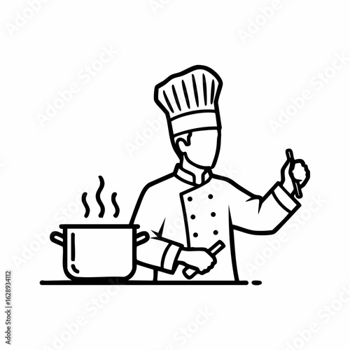 Chef Cooking with Steaming Pot and Utensils in Minimalist Design for Food Blogs, Culinary Websites, Recipe Sharing, Restaurant Menus, and Cooking Tutorials  