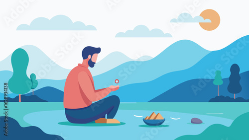 A man sits by a lake his knitting needles clicking softly as he watches the gentle ripples on the water using the rhythm of his knitting to tune out.