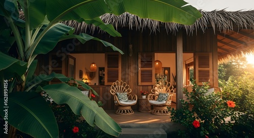 A cozy wooden cabin surrounded by lush greenery and vibrant red hibiscus flowers bathed in warm sunlight. Comfortable wicker chairs beckon from the shaded porch.