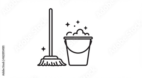 Illustration of a mop and bucket with foam, suggesting cleaning and hygiene in a simple line drawing