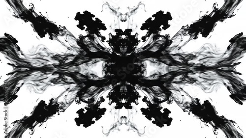 A symmetrical, black ink blot spreads across a white background, resembling a winged creature or a complex, branching structure.