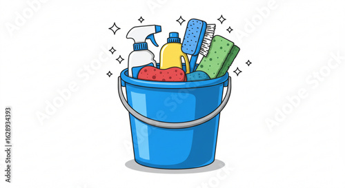 A blue bucket filled with cleaning supplies including spray bottles sponges and a scrub brush cartoon style