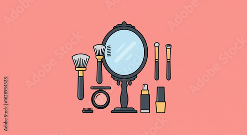 Illustration of a vanity mirror surrounded by various makeup brushes and cosmetic products on pink ground