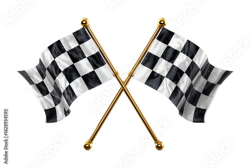 Crossed black and white checkered racing flags with golden poles, symbolizing race completion, motorsport victory, finish line success, and competitive achievement, isolated on white background.

