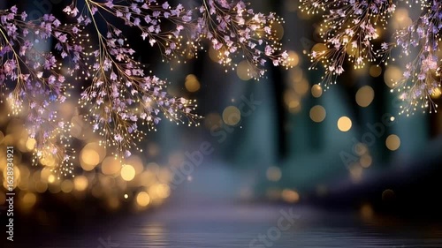 Beautiful floral illustration with delicate pink blossoms and shimmering bokeh lights creating a dreamy atmosphere, perfect for backgrounds or design projects with copy space