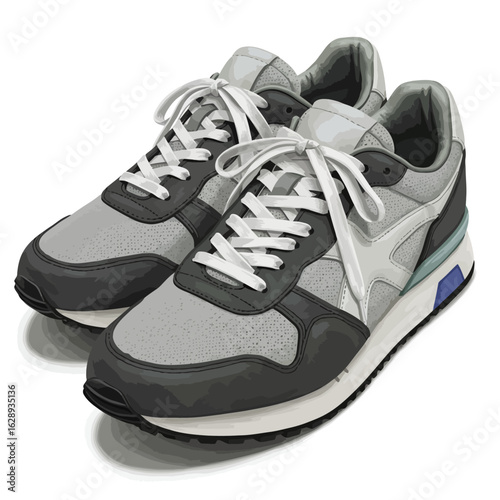 Pair of Gray and Black Sneakers with White Laces, Sporty Style