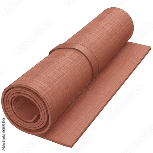 Rolled-up Brown Yoga Mat with Strap, Textured Surface, Isolated.