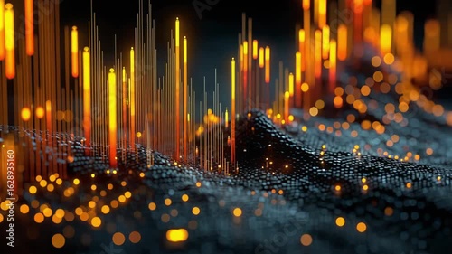 Abstract digital landscape with glowing orange and yellow peaks, representing sound waves and data visualization, creating a vibrant and dynamic atmosphere of technology and innovation