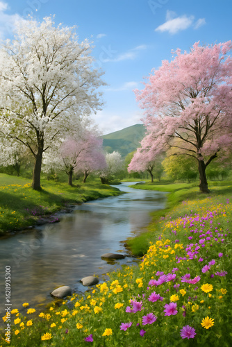 spring landscape with blooming trees