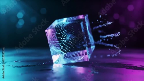 A translucent, multifaceted cube with swirling patterns inside sits on a dark, reflective surface, emitting light and particles.